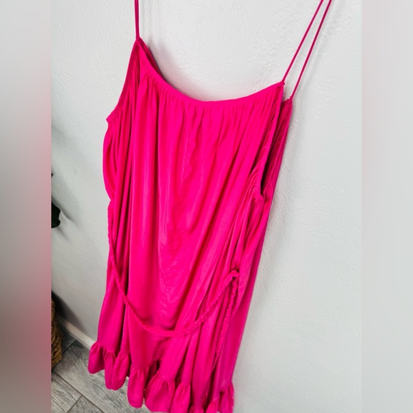 Jolie Bright Fuchsia Pink Scoop Neck Tassel Belt Tiered Midi Dress - Picture 8 of 11